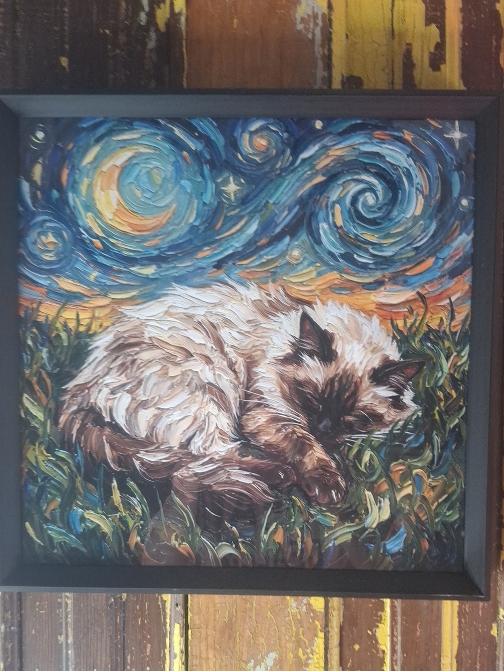 Framed Sleeping Siamese Cat Home Art Print in Blue and Cream